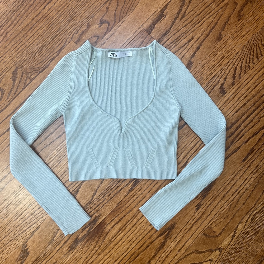 Zara Women's Light Green Ribbed Stretchy Crop Top